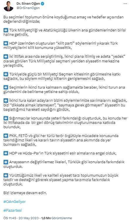 2. turda kimi destekleyeceği merak konusu olan Sinan Oğan'dan 11 maddelik paylaşım