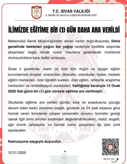 Sivas okullar tatil mi, 13 Ocak Salı Sivas'ta okul yok mu (SİVAS VALİLİĞİ - KAR TATİLİ)?