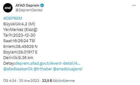 Elazığ'da 4.2 büyüklüğünde deprem meydana geldi