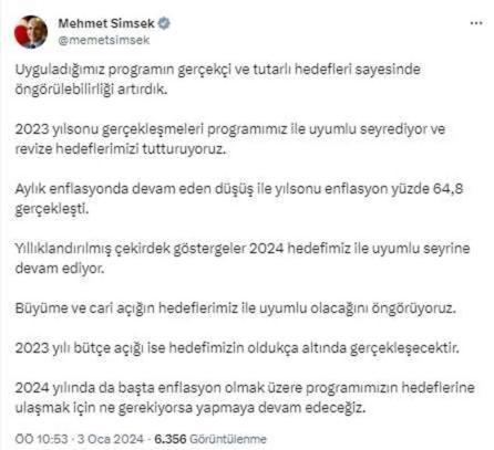 Bakan Şimşek'ten 2023 değerlendirmesi: Hedeflerimizi tutturuyoruz