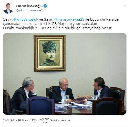 İmamoğlu ve Yavaş'tan ortak paylaşım: 2'nci tur seçimi için sıkı bir çalışmaya başlıyoruz