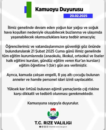 Rize okullar tatil mi SON DAKİKA? Rize okul yok mu (Rize Valiliği Açıklaması – KAR TATİLİ)?