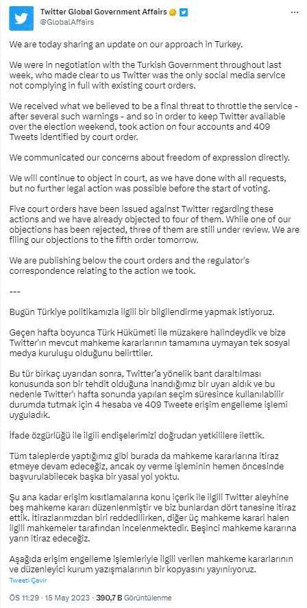 Seçim öncesi Türkiye için kısıtlama kararı almıştı! Twitter, hükümetin talebini açıkladı