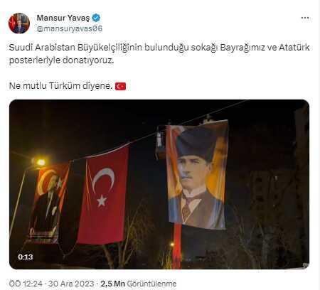 Mansur Yavaş, Suudi Arabistan Büyükelçiliği'nin bulunduğu sokağı Türk bayrakları ve Atatürk posterleriyle donattı