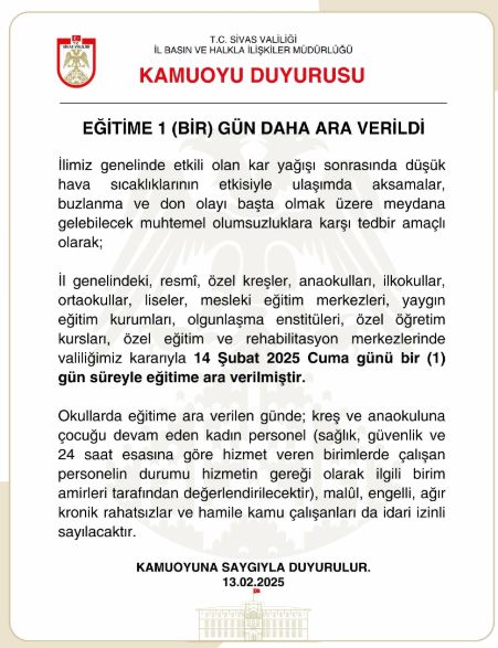 Sivas okullar tatil mi SON DAKİKA? 14 Şubat Cuma Sivas okul yok mu (Sivas Valiliği Açıklaması – KAR TATİLİ)?