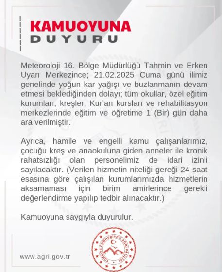 Ağrı okullar tatil mi SON DAKİKA? 21 Şubat Cuma Ağrı okul yok mu (Ağrı Valiliği Açıklaması – KAR TATİLİ)?