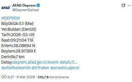 Denizli'de 4.1 büyüklüğünde deprem