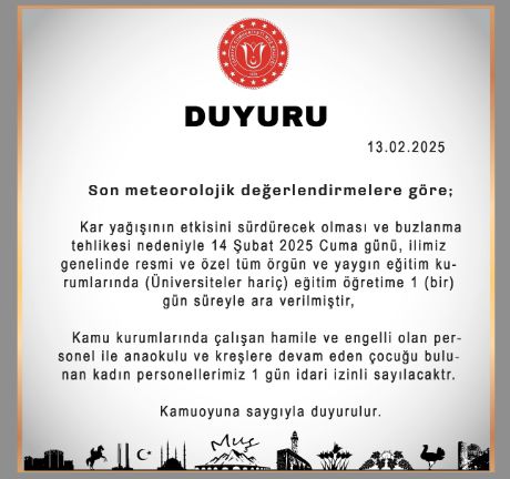 Muş okullar tatil mi SON DAKİKA? 14 Şubat Cuma Muş okul yok mu (Muş Valiliği Açıklaması – KAR TATİLİ)?