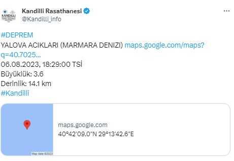 Marmara Denizi'nde Yalova açıklarında 3.3 büyüklüğünde deprem oldu