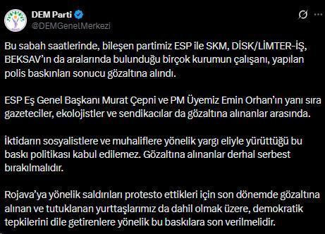 Murat Çepni dahil çok sayıda kişi gözaltına alındı, DEM Parti'den tepki gecikmedi