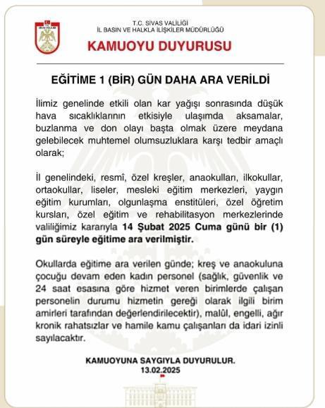 Sivas okullar tatil mi SON DAKİKA? 14 Şubat Cuma Sivas okul yok mu (Sivas Valiliği Açıklaması – KAR TATİLİ)?