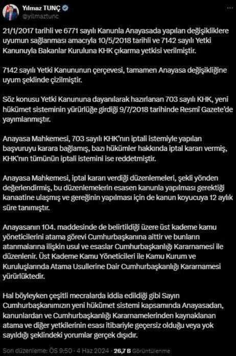 Cumhurbaşkanlığı'ndan AYM kararları sonrası ilk yorum: Cumhurbaşkanı'nın yetkileri iptal edilmedi