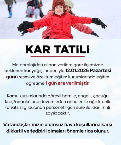 Yarın okullar tatil mi, 12 Ocak Pazartesi okul yok mu?