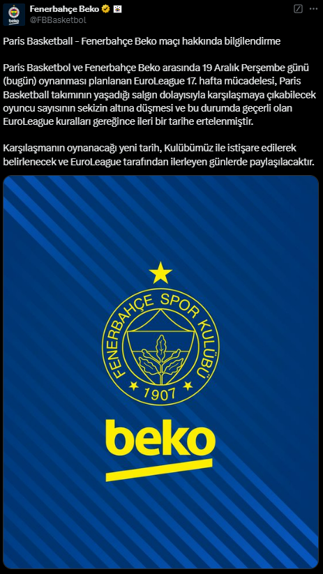 Fenerbahçe Beko'nun EuroLeague maçı salgın nedeniyle ertelendi
