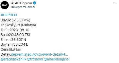 Son Dakika: Malatya'nın Yeşilyurt ilçesinde 5.3 büyüklüğünde deprem meydana geldi