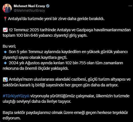 Bakan Ersoy'un açıklamasıyla Antalya son 5 yılın temmuz ayı rekorunu kırdı