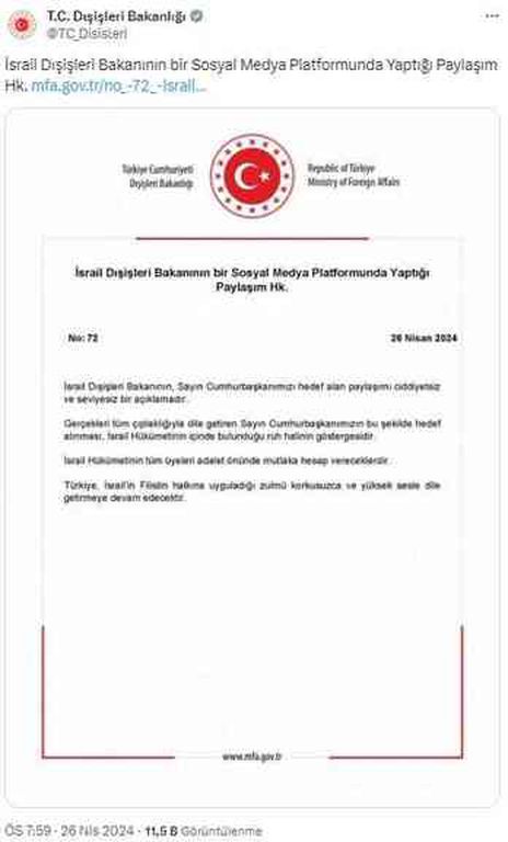 İsrail Dışişleri Bakanı'nın Erdoğan'ı hedef alan paylaşımına Türkiye'den sert yanıt