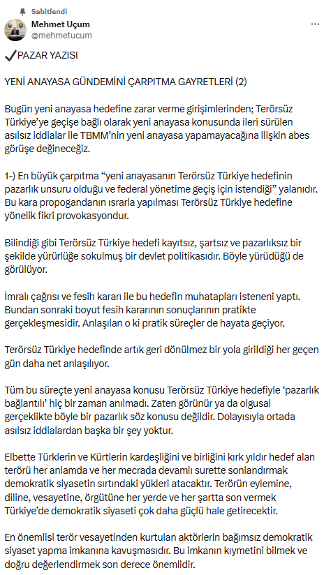 Cumhurbaşkanı Erdoğan'ın başdanışmanından yeni anayasa için referandum sinyali