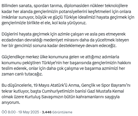 Cumhurbaşkanı Erdoğan'dan 19 Mayıs mesajı