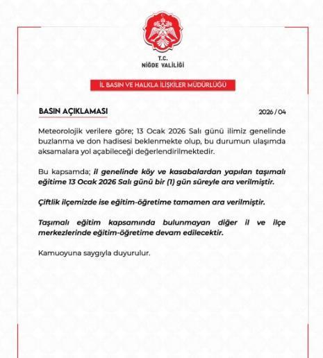 Niğde okullar tatil mi, 13 Ocak Salı Niğde'de yarın okul yok mu (NİĞDE VALİLİĞİ - KAR TATİLİ)?