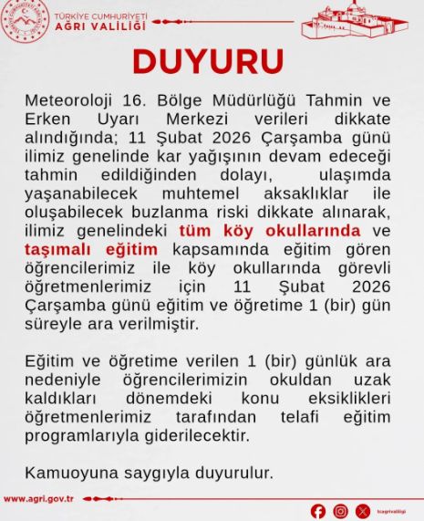 Ağrı okullar tatil mi, 11 Şubat Çarşamba Ağrı'da okul yok mu (AĞRI VALİLİĞİ - KAR TATİLİ)?