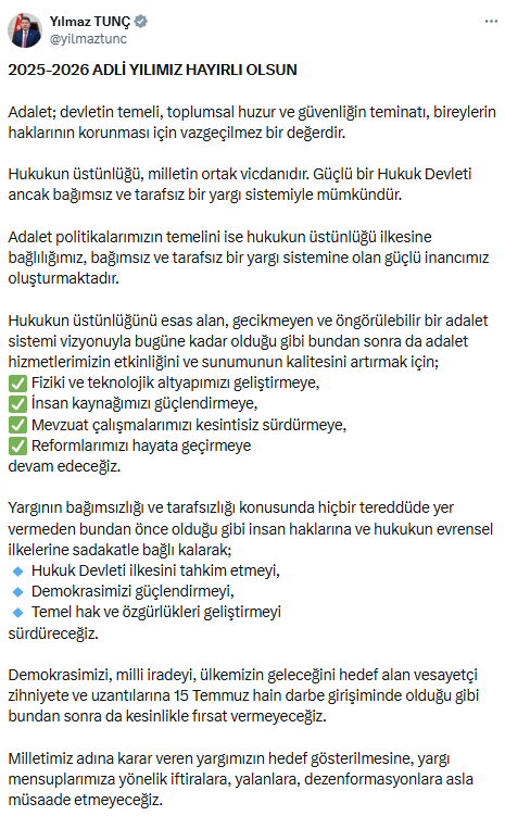 Adalet Bakanı Yılmaz Tunç'tan yeni adli yıl mesajı