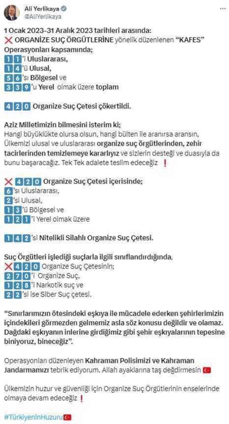 Bakan Yerlikaya: 1 yılda 339'u yerel olmak üzere 420 organize suç çetesi çökertildi