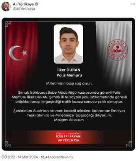 Cumhurbaşkanı Erdoğan'ın koruma ekibinin Şırnak'ta geçirdiği trafik kazasında yaralanan 1 polis daha şehit oldu