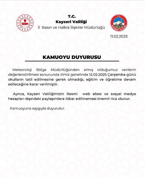 Kayseri okullar tatil mi SON DAKİKA? 12 Şubat Çarşamba Kayseri'de okul yok mu (Kayseri Valiliği Açıklaması – KAR TATİLİ)?