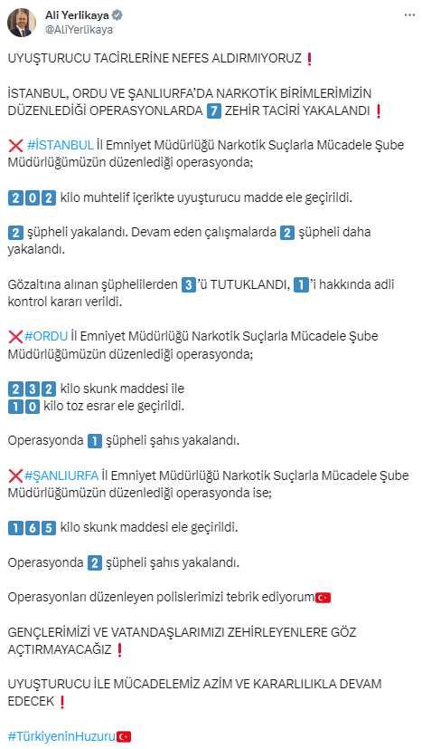 Yerlikaya operasyonun görüntülerini paylaştı! İstanbul, Ordu ve Şanlıurfa'da 7 zehir taciri böyle yakalandı
