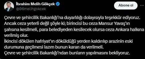 Melih Gökçek: ABB'ye uygulanan ceza Mansur Yavaş'ın şahsına kesilmeli