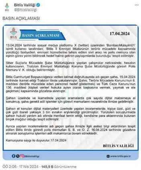 'Bombacı Mülayim' rumuzlu polise Bitlis Emniyet Müdürü'nün eşiyle ilgili skandal iddia sonrası gözaltı