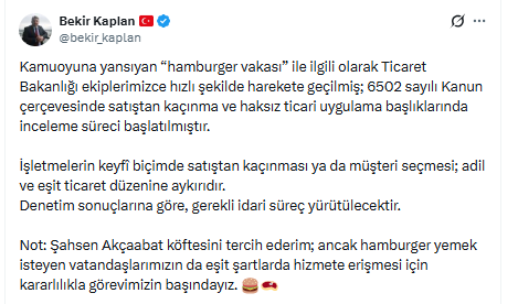 '6 katlıyı yiyemeyen 8 katlıyı yiyemez' kuralı getiren hamburgerciye inceleme başlatıldı