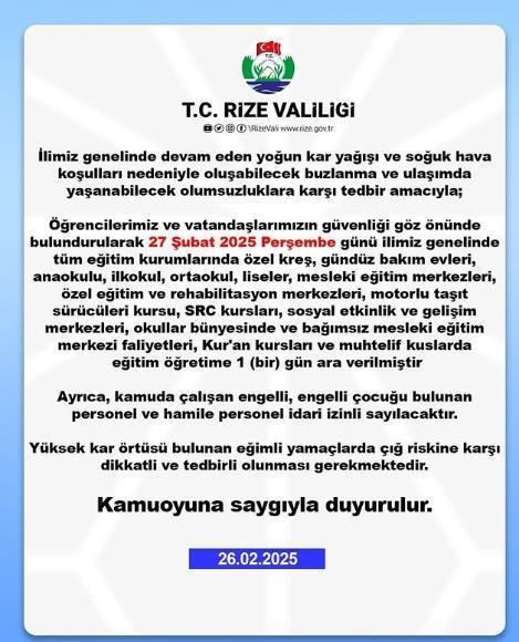 Rize okullar tatil mi? 27 Şubat Perşembe Rize okullar yok mu? (Rize VALİLİĞİ KAR TATİLİ AÇIKLAMASI!)