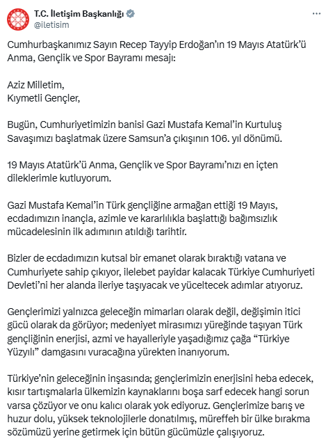 Cumhurbaşkanı Erdoğan'dan 19 Mayıs mesajı