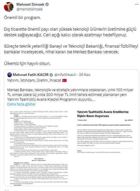 Bakan Şimşek: Yüksek teknoloji ürünlerine güçlü destek sağlanacak