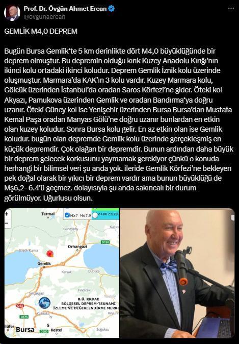 Ahmet Ercan'dan Bursa'daki 2 depremin ardından rahatlatan açıklama