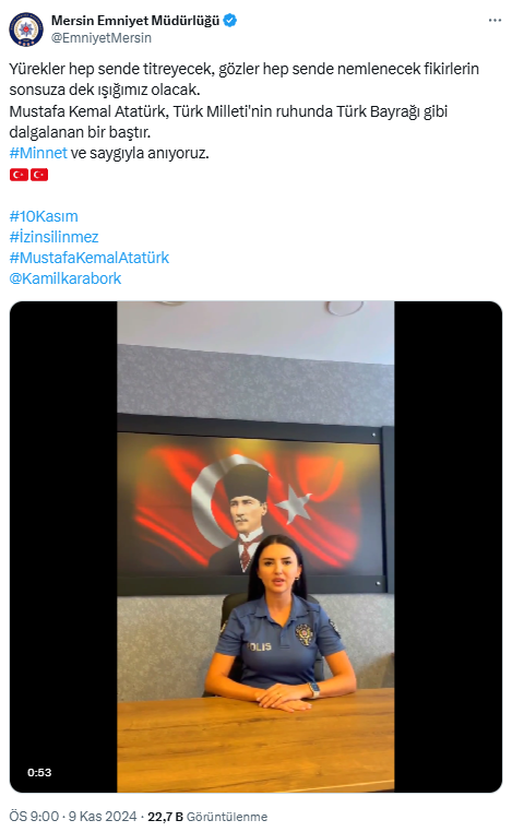 Mersin Emniyet Müdürlüğü'nden tüyleri diken diken eden 10 Kasım videosu
