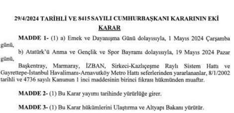 1 Mayıs'ta toplu taşıma ücretsiz olacak