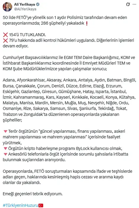 FETÖ'ye Yönelik Operasyonlarda 286 Şüpheli Yakalandı
