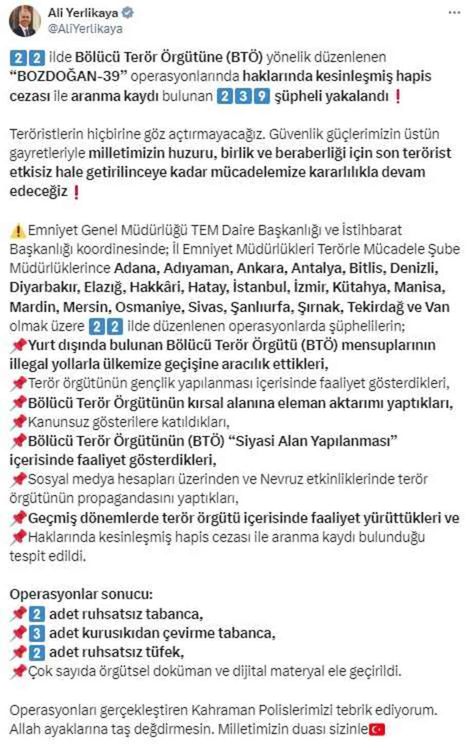 Terör örgütüne ağır darbe! 22 ilde düzenlenen operasyonda 239 şüpheli yakalandı