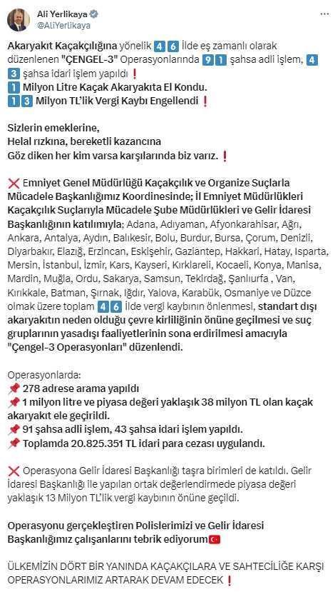 İçişleri Bakanı: Çengel-3 Operasyonları'nda 1 Milyon Litre Kaçak Akaryakıta El Konuldu