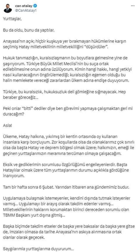 Vekilliği düşürülen Can Atalay'dan ilk mesaj: Ülkem adına endişe duyuyorum