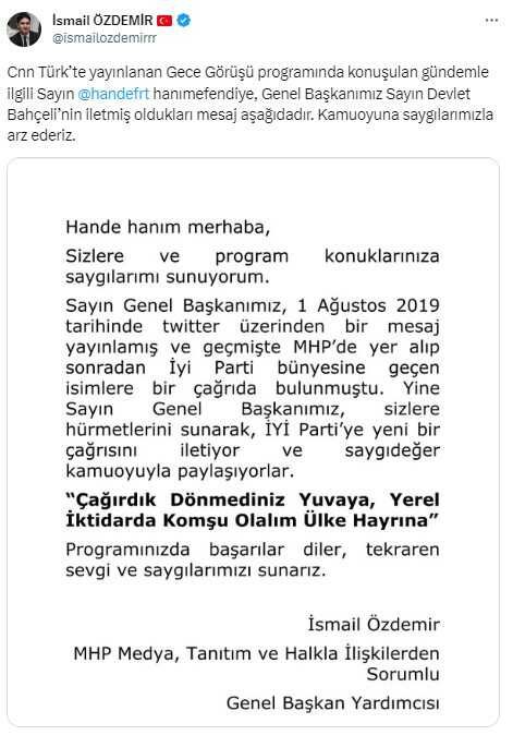 Son Dakika: MHP lideri Devlet Bahçeli'den İYİ Parti'ye ittifak çağrısı: Ülke hayrına yerel iktidarda komşu olalım