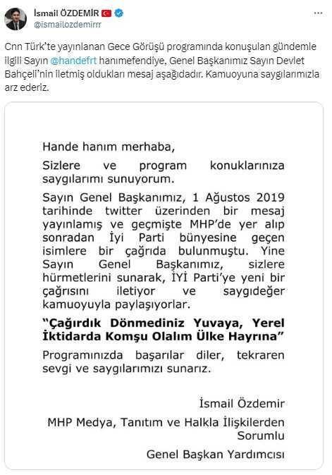 Bahçeli'nin ittifak çağrısına İYİ Parti'den yanıt: Devlet Bey bir milliyetçiler ligi kurmak istiyorsa zaten biz oradayız