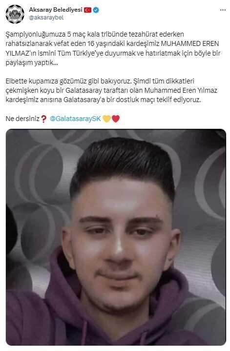 Ölen taraftarının adını duyurmak için 'Kupamız çalındı' paylaşımı yapan Aksaray'dan Galatasaray'a çağrı