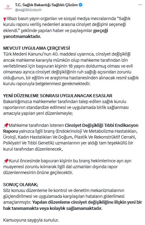 Sağlık Bakanlığı tartışma yaratan iddiayı yalanladı: Cinsiyet değişimine yeni hak tanınmadı