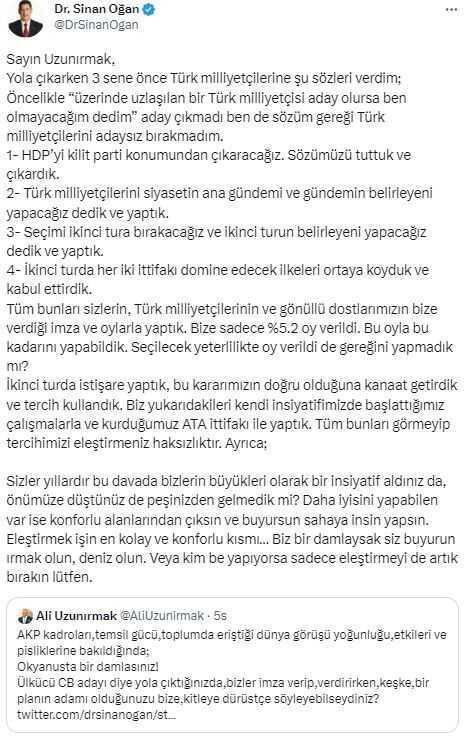 Sinan Oğan'dan 'Keşke dürüst olsaydın' diyen MHP'li isme 4 maddelik yanıt