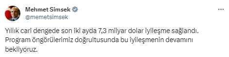 Bakan Şimşek: Yıllık cari dengede iyileşme sağlandı