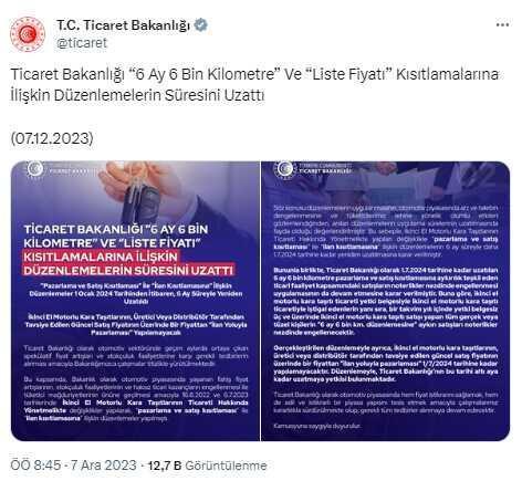 İkinci el araçların satışında '6 ay ve 6 bin km' şartı ile fiyat sınırlamasının süresi uzatıldı